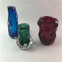 Lot 70 - A MURANO GLASS CLOWN AND THREE GLASS VASES