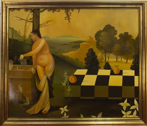 Lot 655 - NAKED FEMALE ON CHEQUERED TABLE, AN OIL BY STUART MCALPINE MILLER
