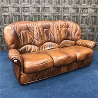 Lot 216 - A MODERN TAN LEATHER THREE SEATER SETTEE AND TWO ARMCHAIRS