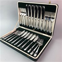Lot 213 - A CANTEEN OF PLATED CUTLERY AND TWO SILVER PLATED SERVING TRAYS
