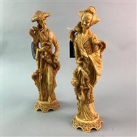 Lot 105 - AN ASIAN FOLDING TABLE/SCREEN AND A PAIR OF COMPOSITE FIGURES