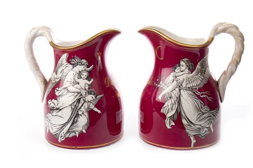 Lot 1267 - A PAIR OF J. & M. P. BELL BALUSTER JUGS,transfer decorated with the Morning & Even, on a crimson ground, also inscribed and dated 'D. & M. Dick 1878', 18 cm high (2)
