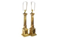 Lot 804 - A PAIR OF BRASS CORINTHIAN PILLAR TABLE LAMPS AND ANOTHER