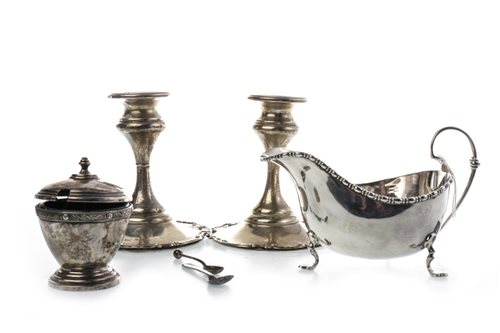 Lot 803 - A PAIR OF EDWARDIAN CANDLESTICKS AND SILVER TABLEWARE