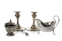 Lot 803 - A PAIR OF EDWARDIAN CANDLESTICKS AND SILVER TABLEWARE