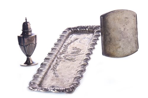 Lot 805 - AN EDWARDIAN SILVER TRAY, CIGARETTE CASE AND VICTORIAN SALT SHAKER