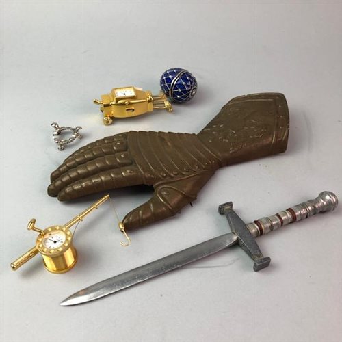 Lot 115 - A LOT OF THREE TIMEPIECES, A SMALL DAGGER AND A METAL MODEL