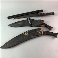 Lot 157 - A JAPANESE DAGGER AND TWO KUKRI KNIVES