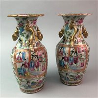 Lot 138 - A PAIR OF CANTONESE VASES AND A GINGER JAR