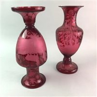 Lot 153 - A FROSTED GLASS CEILING LIGHT AND TWO CRANBERRY GLASS VASES