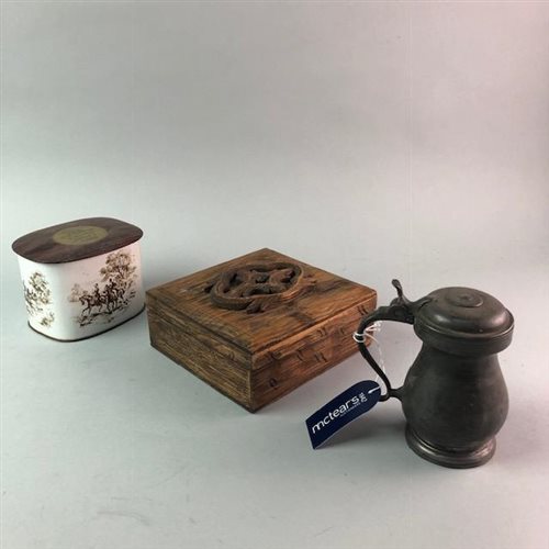 Lot 193 - A LEAD TOBACCO BOX WITH HARDWOOD STANDS, PEWTER MEASURES AND A LEATHER CIGARETTE BOX