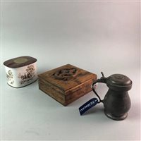 Lot 193 - A LEAD TOBACCO BOX WITH HARDWOOD STANDS, PEWTER MEASURES AND A LEATHER CIGARETTE BOX