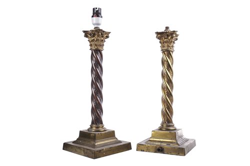 Lot 811 - A LOT OF TWO VICTORIAN BRASS SPIRAL MOULDED TABLE LAMPS