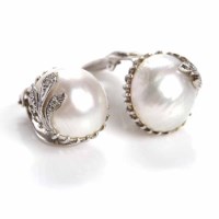 Lot 125 - PAIR OF PEARL PEARL AND DIAMOND EARRINGS each...