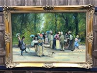 Lot 309 - AN OIL TITLED FRENCH SCHOOL PROMENADING FIGURES