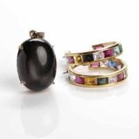 Lot 133 - PAIR OF EIGHTEEN CARAT GOLD GEM SET HOOP...