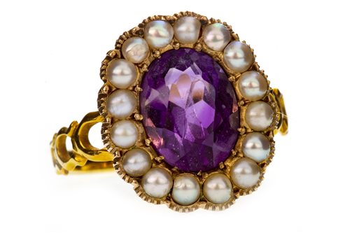 Lot 94 - A LATE VICTORIAN AMETHYST AND PEARL CLUSTER RING