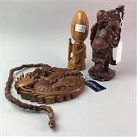 Lot 331 - TWO CHINESE CARVED WOOD FIGURES, A WOODEN TEAPOT STAND AND A RETICULATED SNAKE