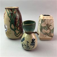 Lot 336 - A NICKY PALMER VASE, JAPANESE POTTERY VASE AND A SAKI JUG