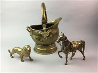Lot 124 - A COPPER KETTLE, CANDLESTICKS, BRASS FIGURES AND FIRE TOOLS