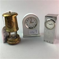 Lot 125 - A MINERS LAMP, JEWELLERY BOX AND TWO CLOCKS