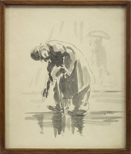 Lot 611 - GENTLEMAN STOOPING, AN INK AND WASH BY HARRY KEIR
