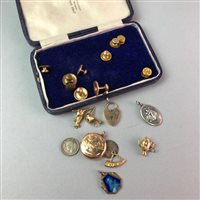Lot 6 - A GOLD BRACELET WATCH, SHIRT STUDS AND CHARMS