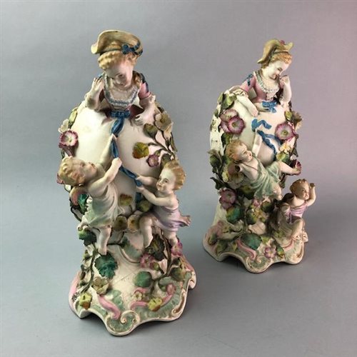 Lot 31 - A PAIR OF CONTINENTAL VASES, A FIGURE AND A CENTREPIECE