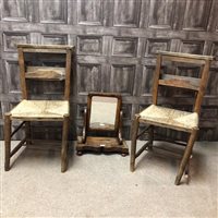 Lot 225 - A PAIR OF CHURCH CHAIRS, TWO TABLES AND A MIRROR