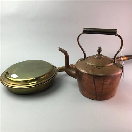 Lot 202 - A BRASS WARMING PAN AND A COPPER KETTLE