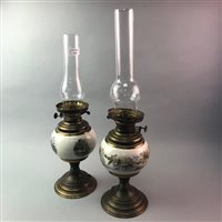 Lot 234 - A PAIR OF OIL LAMPS, VASES AND GLASSWARE