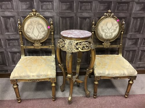 Lot 835 - A REPRODUCTION GILT WOOD JARDINIERE STAND AND TWO SINGLE CHAIRS