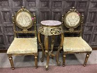 Lot 835 - A REPRODUCTION GILT WOOD JARDINIERE STAND AND TWO SINGLE CHAIRS