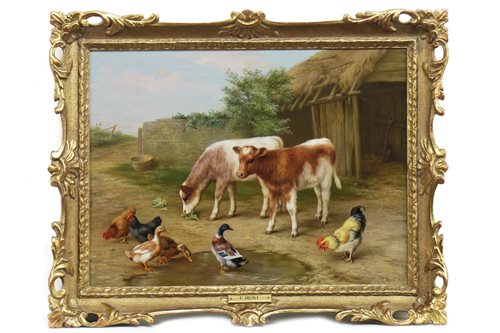 Lot 437 - CALVES WITH HENS AND DUCKS, AN OIL BY EDGAR HUNT