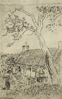 Lot 439 - FIGURE IN A STRAW HAT OUTSIDE A FIFE COTTAGE, A RARE ETCHING BY GEORGE LESLIE HUNTER