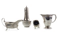 Lot 824 - A SILVER CREAM JUG, GRAVY BOAT, SUGAR CASTER AND A PAIR OF OPEN SALTS