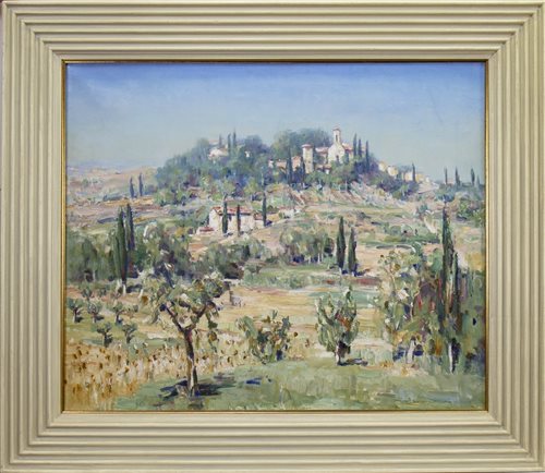 Lot 540 - HILL VILLAGE TUSCANY,  AN OIL BY WILLIAM WRIGHT CAMPBELL