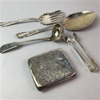 Lot 264 - A GEORGE V SILVER CIGARETTE CASE, SILVER SUGAR TONGS AND SILVER TOAST RACK WITH PLATED CUTLERY