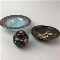 Lot 158 - A CLOISONNÉ JAR AND TWO DISHES WITH A MONART DISH