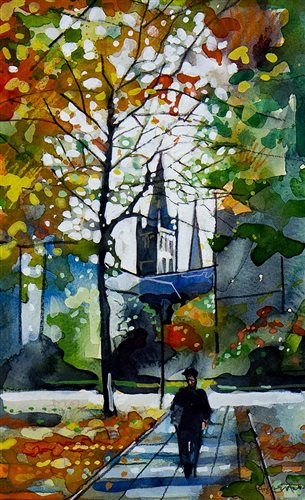 Lot 571 - AUTUMN LIGHT ON GLASGOW UNIVERSITY TOWER, A WATERCOLOUR BY BRYAN EVANS