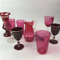 Lot 183 - A BELL'S ASHET, WITH CRANBERRY AND RUBY GLASS WARE