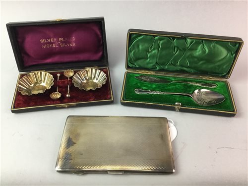 Lot 6 - A GEORGE V SILVER CIGARETTE CASE AND SILVER PLATED CUTLERY