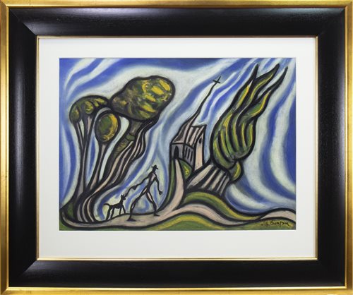 Lot 613 - ECSTATIC LANDSCAPE WITH MAN, DOG AND CONTORTED CHURCH, A PASTEL BY ALLY THOMPSON