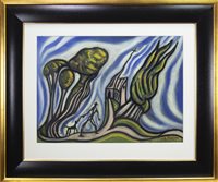 Lot 613 - ECSTATIC LANDSCAPE WITH MAN, DOG AND CONTORTED CHURCH, A PASTEL BY ALLY THOMPSON