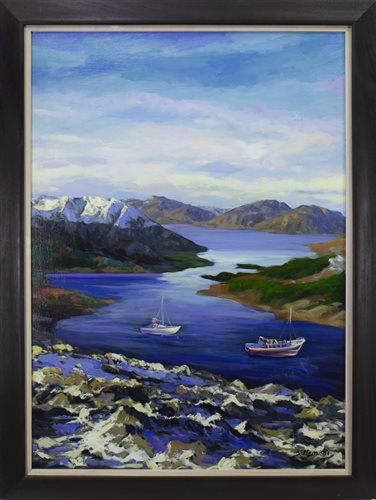 Lot 650 - BOATS ON CALM WATERS, AN OIL BY SHAHIN MEMISHI