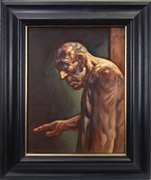 Lot 681 - PORTRAIT OF A MAN, OIL ON CANVAS BY PETER HOWSON