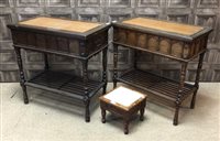 Lot 199 - A PAIR OF RECTANGULAR SIDE TABLES AND A FOOTSTOOL