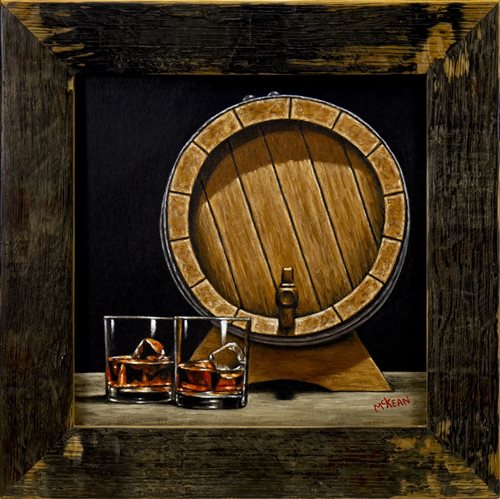 Lot 710 - STILL LIFE WITH CASK AND GLASSES, AN OIL BY GRAHAM MCKEAN, FRAMED WITH WHISKY BARREL OAK WOOD