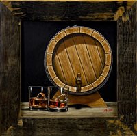 Lot 710 - STILL LIFE WITH CASK AND GLASSES, AN OIL BY GRAHAM MCKEAN, FRAMED WITH WHISKY BARREL OAK WOOD