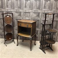 Lot 266 - A BEDSIDE CABINET AND TWO FOLDING CAKE STANDS